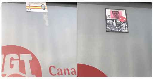 Imagen de las pegatinas que han aparecido este miércoles en la fachada de la sede de UGT (Foto TA)